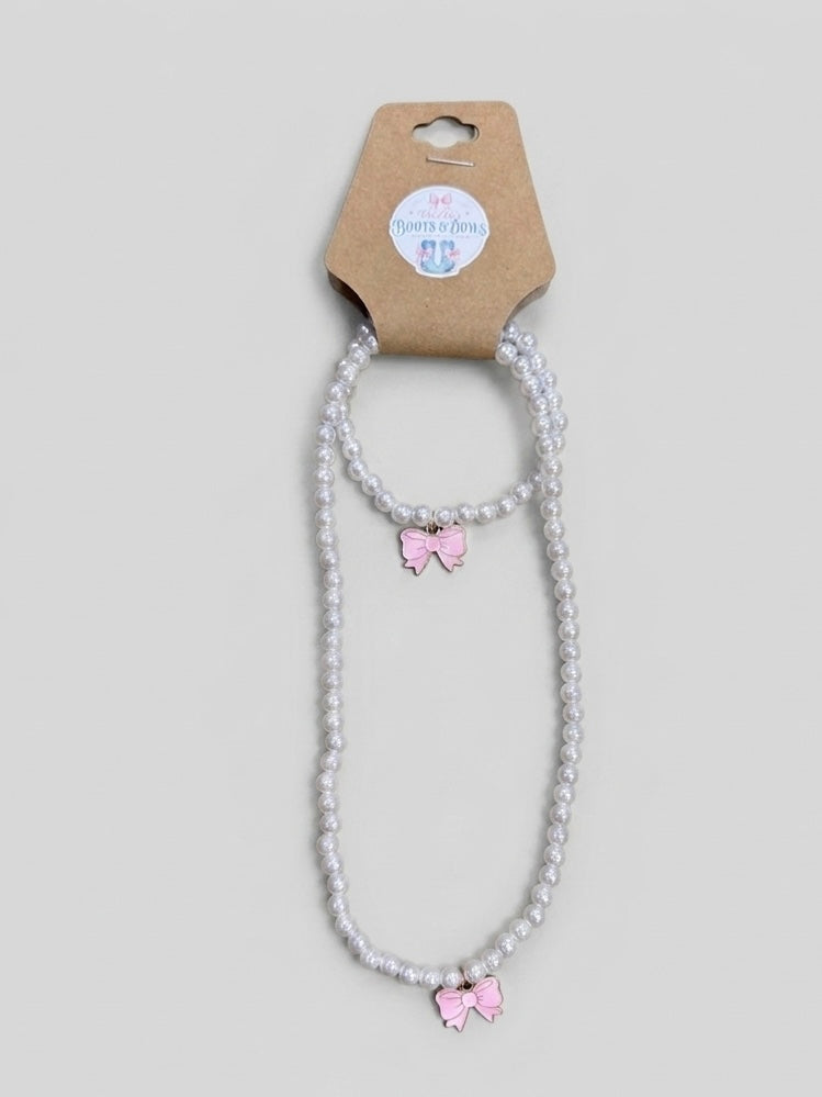 Bow/Pearl Necklace and Bracelet Set