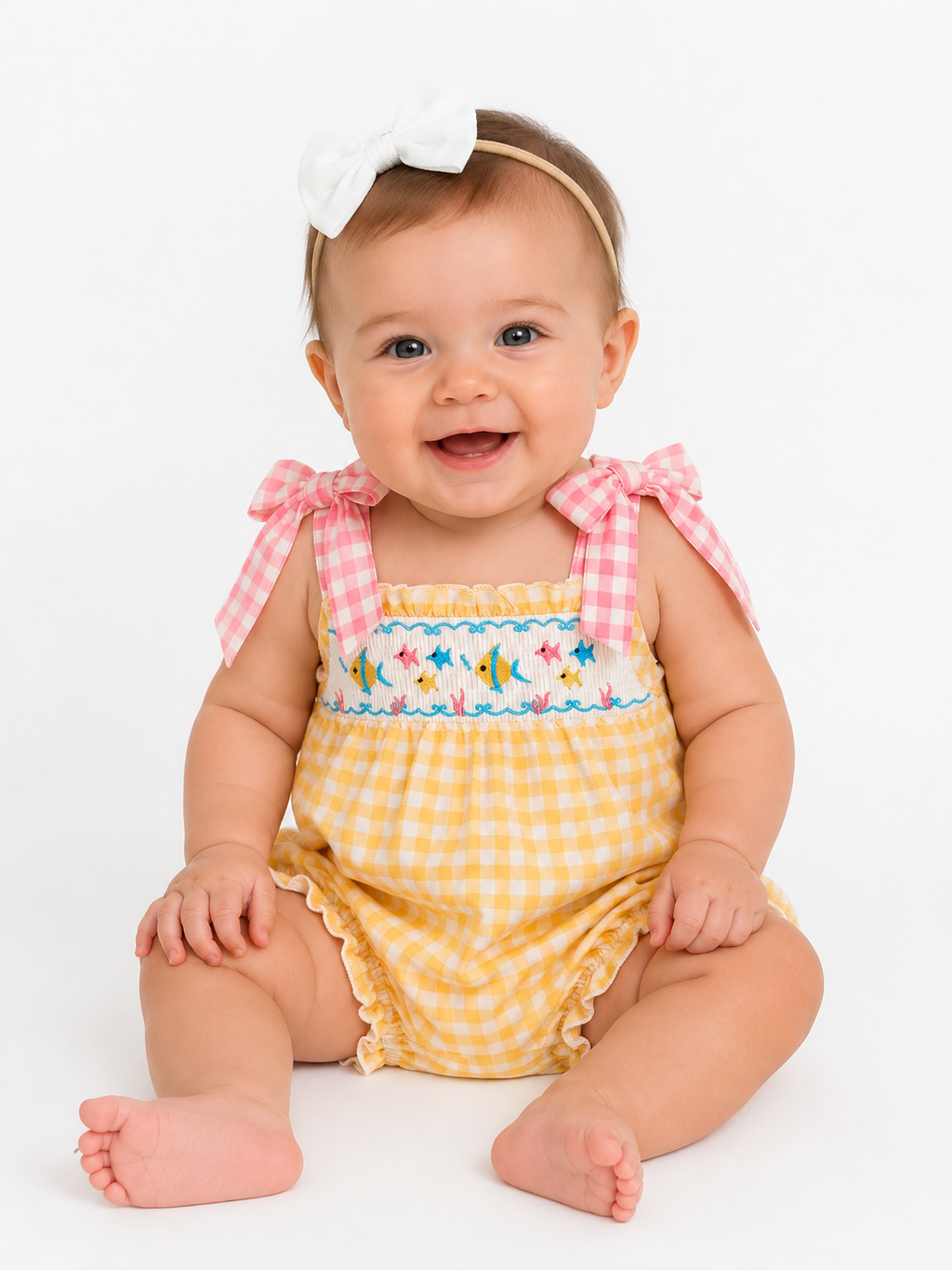 Yellow Gingham Fish Romper